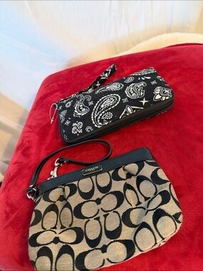 TWO Great wallets!  One COACH Black and Tan Signature Wristlet Set